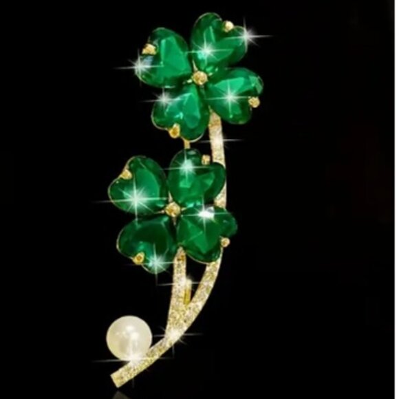 Gold Green and Rhinestone Four Leaf Clover Brooch - Picture 2 of 3